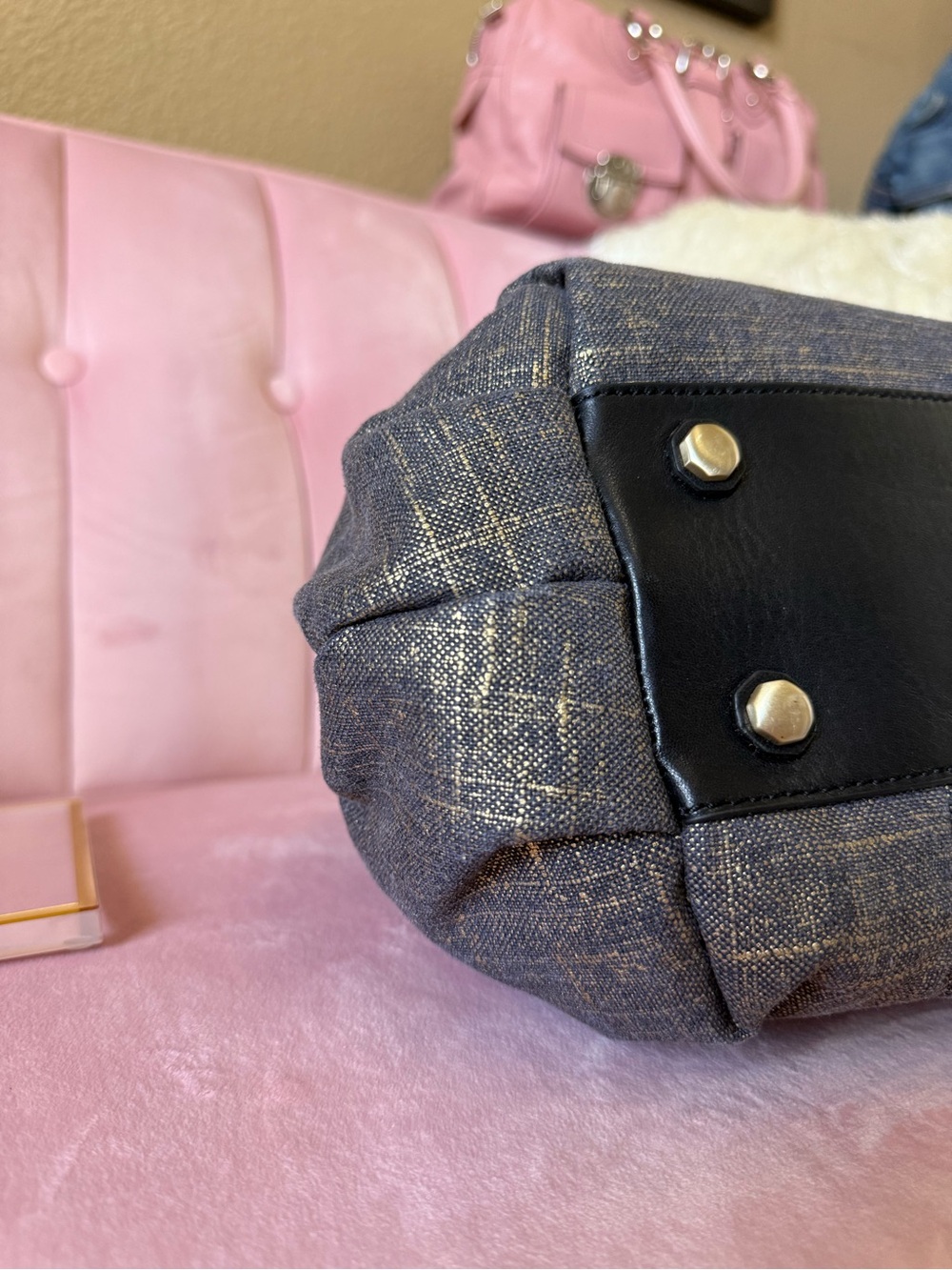 Halston Heritage Brushed Denim/Gold Doctors Bag w Leather Trim & Gold Hardware - Picture 10 of 16